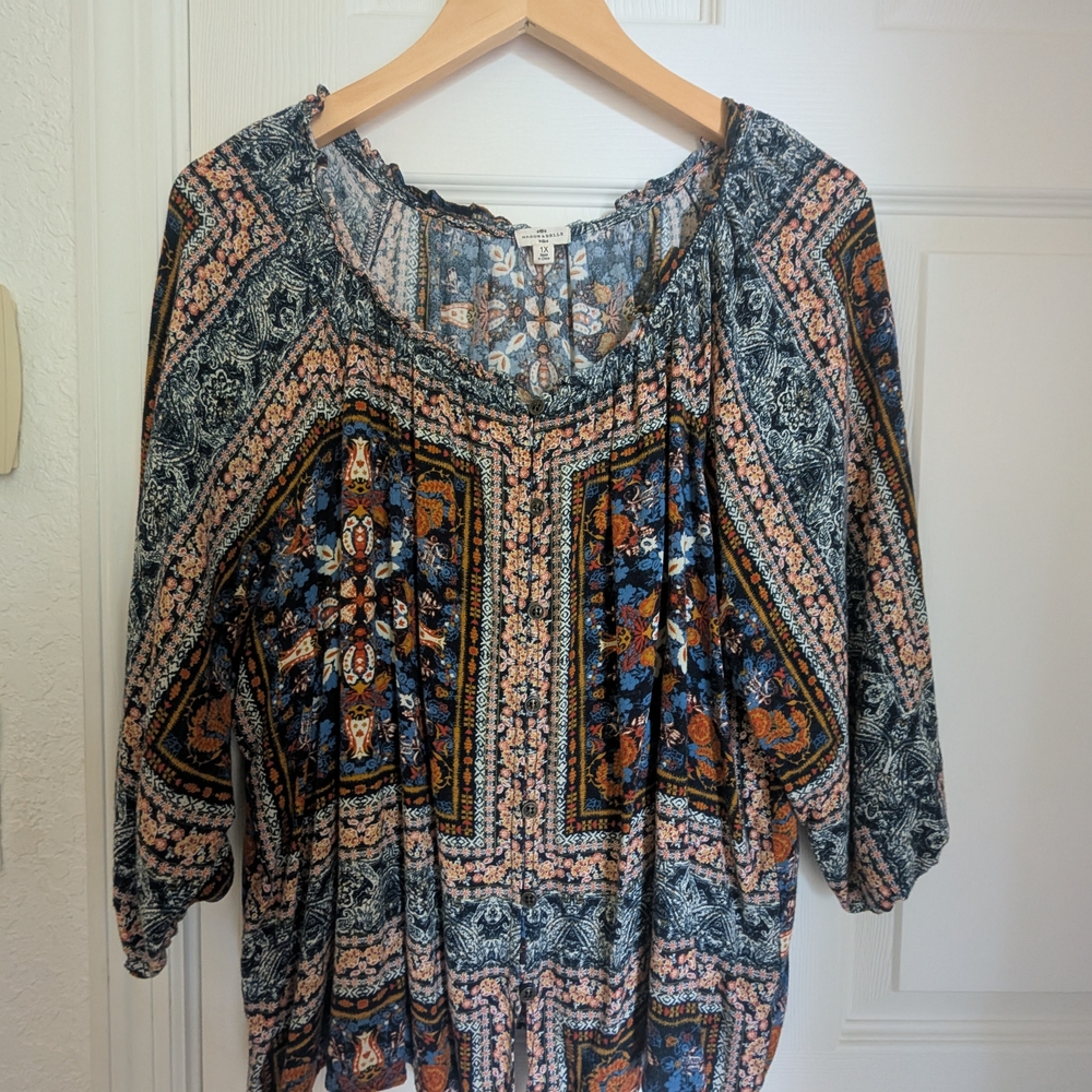 Blue and Green Graphic 3/4 Sleeve Blouse